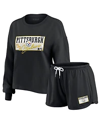 Wear by Erin Andrews Women's Black Pittsburgh Steelers Heavy Rugby Jersey Long Sleeve T-Shirt Shorts Lounge Set
