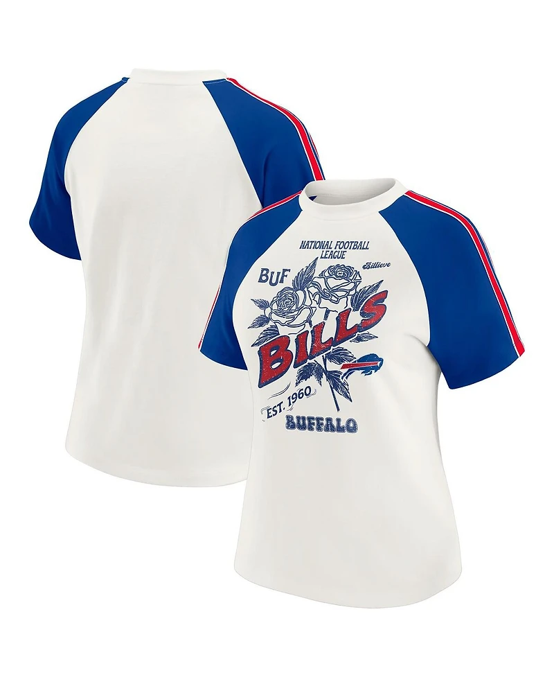 Wear by Erin Andrews Women's White Buffalo Bills Sleeve Stripe Distressed Raglan T-Shirt