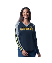 G-iii 4Her by Carl Banks Women's Navy Milwaukee Brewers Top Dog Raglan Long Sleeve V-Neck T-Shirt