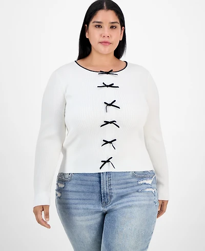 Madden Girl Trendy Plus Bow-Front Ribbed Crewneck Sweater