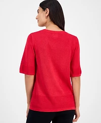 Jm Collection Petite Textured-Knit V-Neck Short-Sleeve Sweater, Exclusively at Macy's