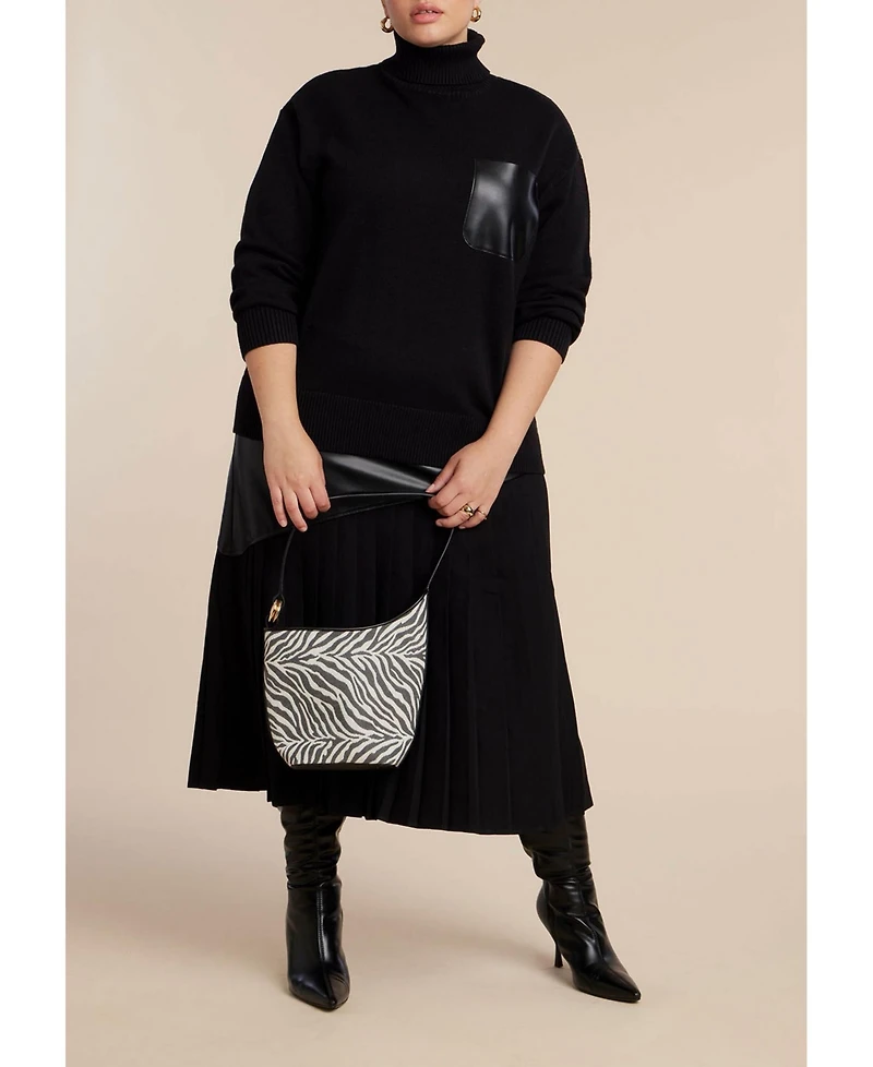 Eloquii Women's Plus Faux Leather Pocket Turtleneck Sweater