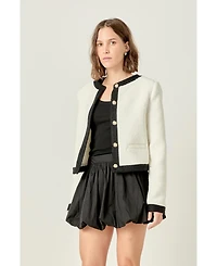English Factory Women's White & Black Collarless Tweed Jacket