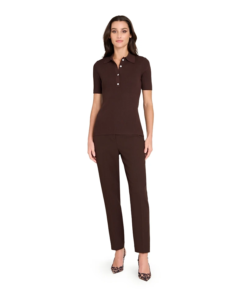 Tahari Asl Women's Collar Neck Ribbed Knit Polo Sweater