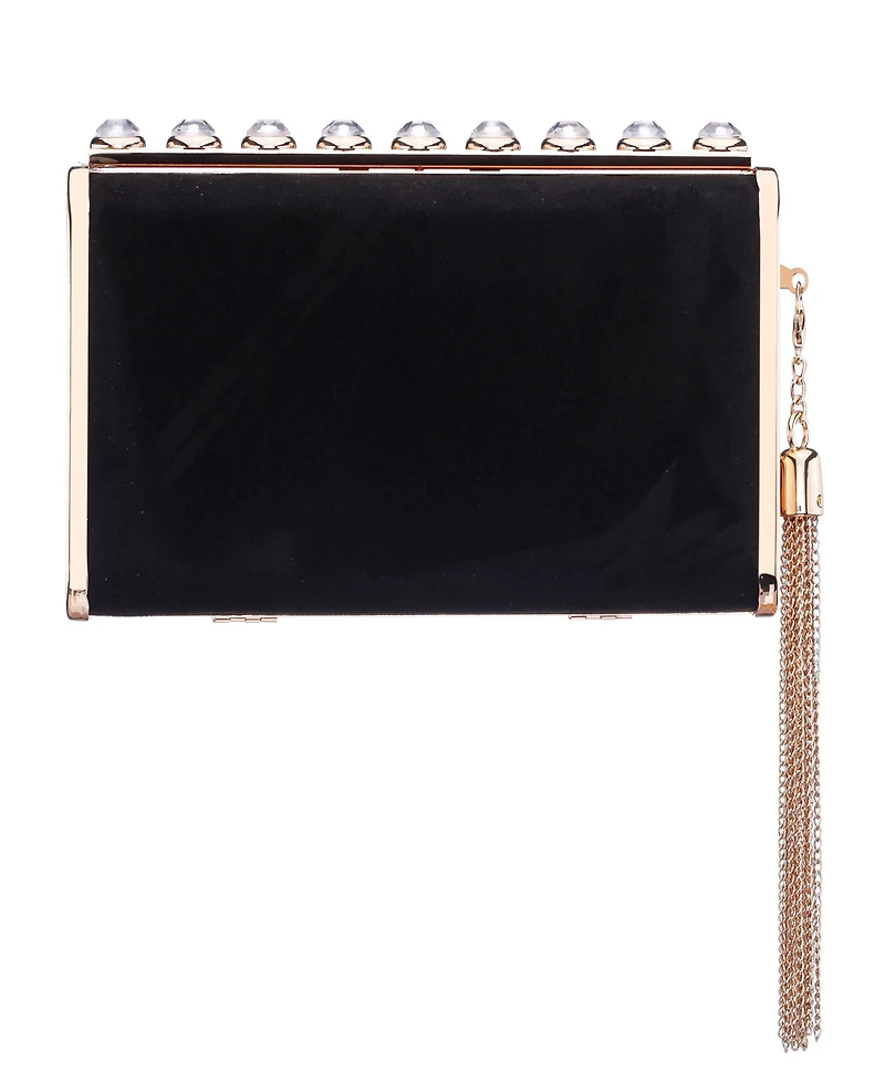 Nina Crystal Ornamented Minaudiere Tassel Lift Lock Clutch