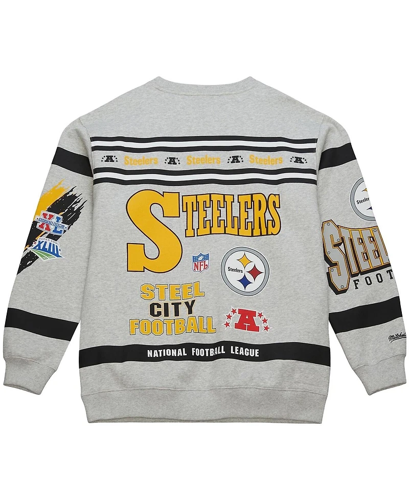 Mitchell & Ness Men's Heather Gray Pittsburgh Steelers All Over Print Fleece Crewneck Sweatshirt