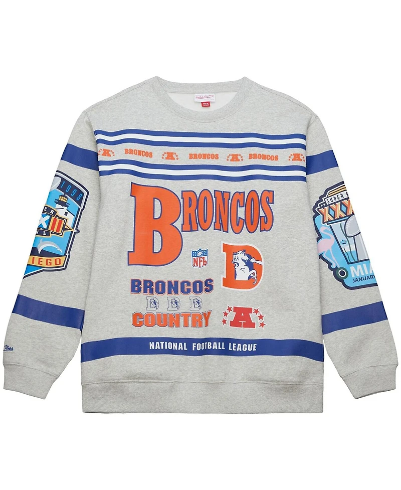 Mitchell & Ness Men's Heather Gray Denver Broncos All Over Print Fleece Crewneck Sweatshirt