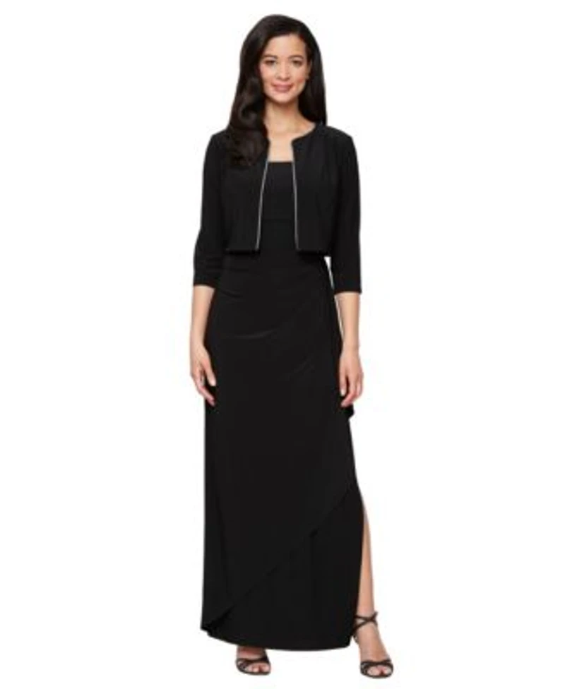 Alex Evenings Womens Matte Jersey Long Jacket Dress