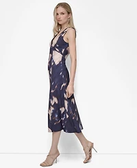 Dkny Women's Sleeveless V Neck Fit and Flare Midi Dress