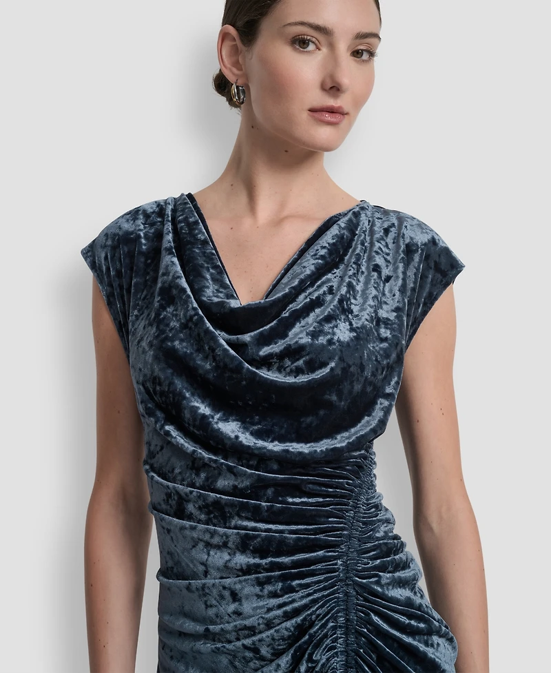 Dkny Women's Cap Sleeve Ruched Velvet Midi Dress