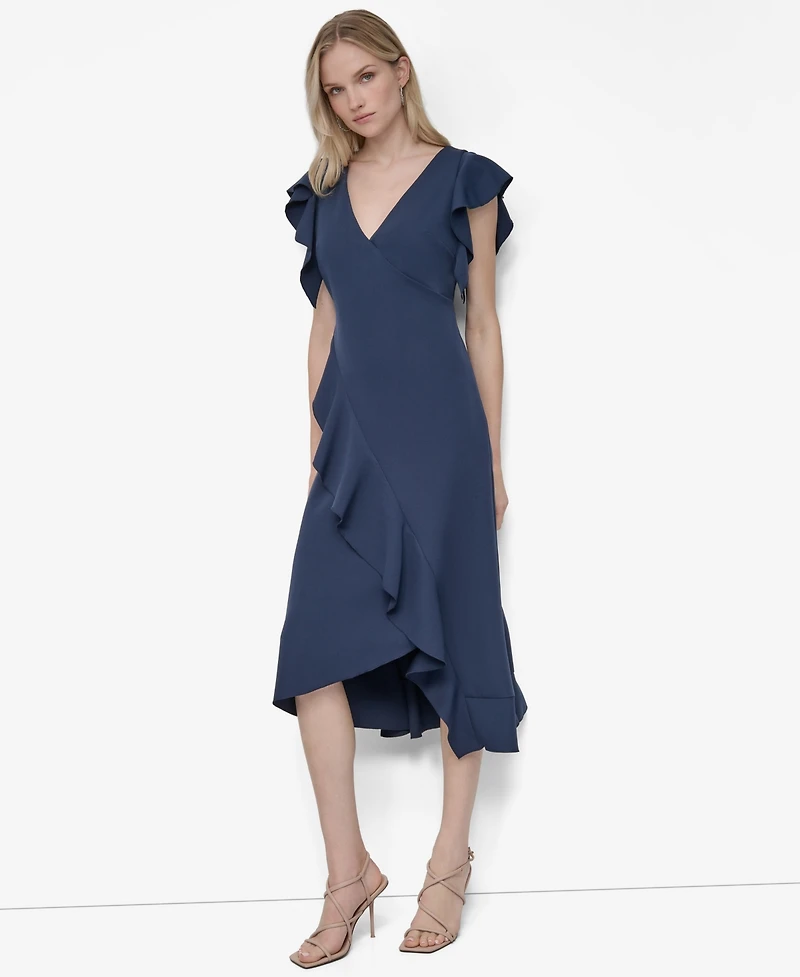 Dkny Women's Ruffle Sleeve V Neck Midi Dress