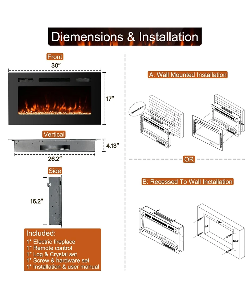 30''Classic Built-in or Wall-Mounted Direct Vent Electric Fireplace