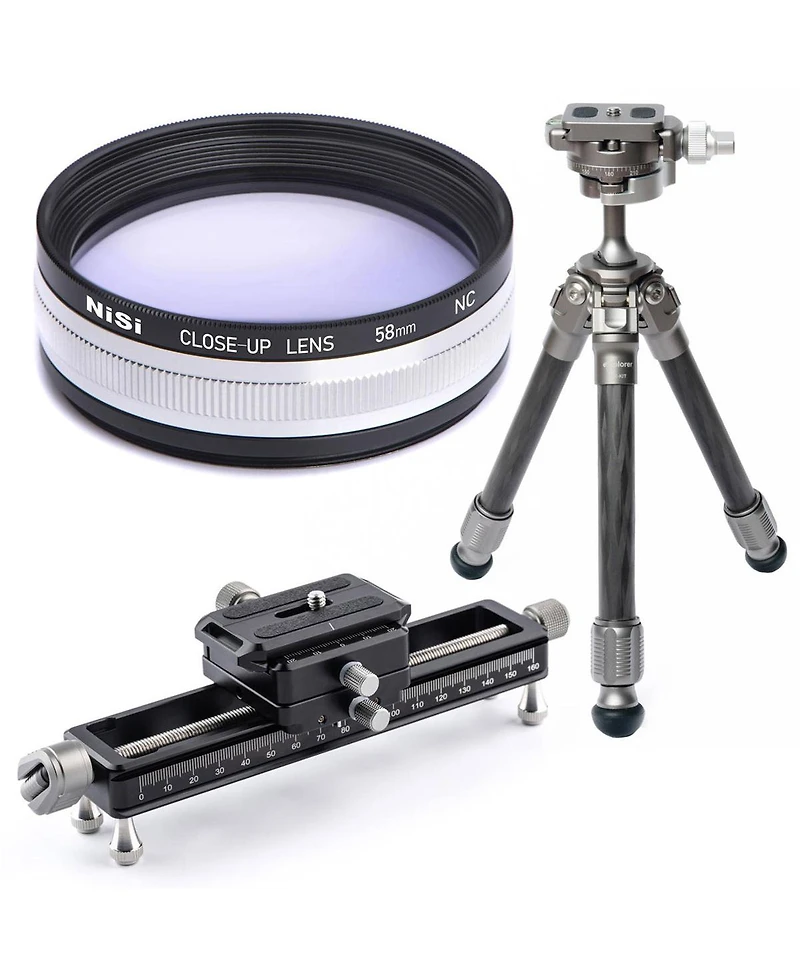 NiSi Close-Up Lens Kit Nc 58mm with 49 & 52mm Adapters Bundle with NiSi Nm-180 Macro Focusing Rail, Explorer Gx-kit Carbon Fiber Table Top Tripod