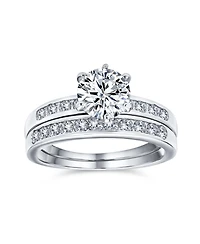 Bling Jewelry Classic 2CT Round Solitaire 6 Prong Solitaire Pave Band Cz Promise Ring Set Band Sterling Silver