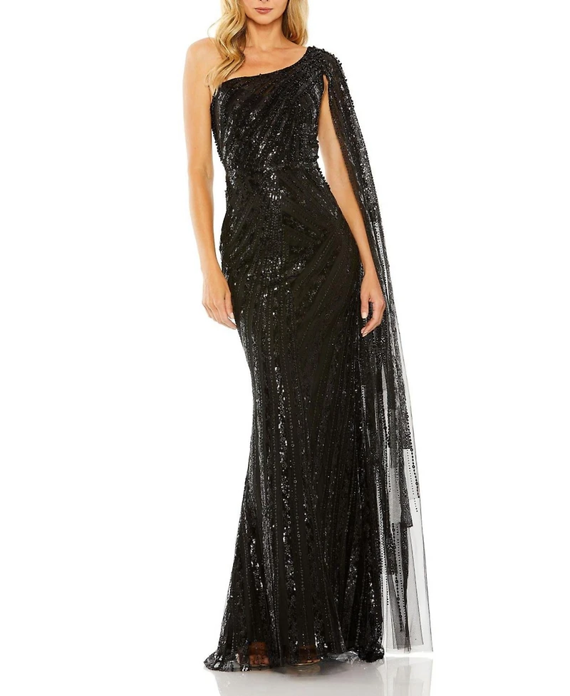 Mac Duggal Women's One Shoulder Cape Sleeve Embellished Gown