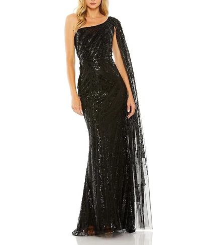 Mac Duggal Women's One Shoulder Cape Sleeve Embellished Gown