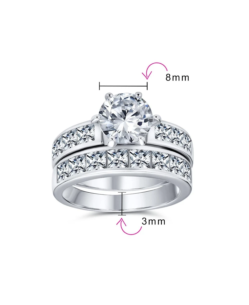 Bling Jewelry 3CT Classic Round Solitaire Cubic Zirconia With Cz Side Stone Princess Cut Band Promise Ring Set Sterling Silver