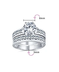 Bling Jewelry 3CT Classic Round Solitaire Cubic Zirconia With Cz Side Stone Princess Cut Band Promise Ring Set Sterling Silver