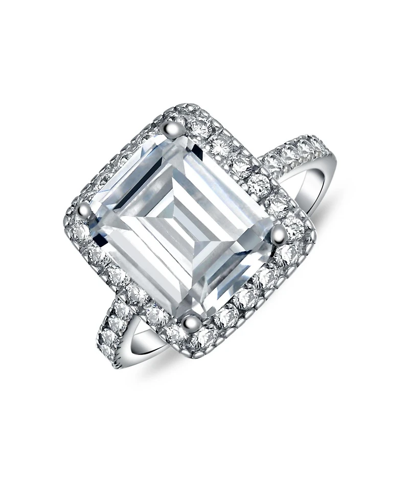 Bling Jewelry Art Deco Style 5CT Statement Cz Halo Emerald Cut Solitaire Promise Ring 1MM Pave Band Sterling Silver