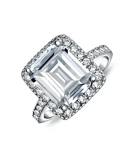Bling Jewelry Art Deco Style 5CT Statement Cz Halo Emerald Cut Solitaire Promise Ring 1MM Pave Band Sterling Silver