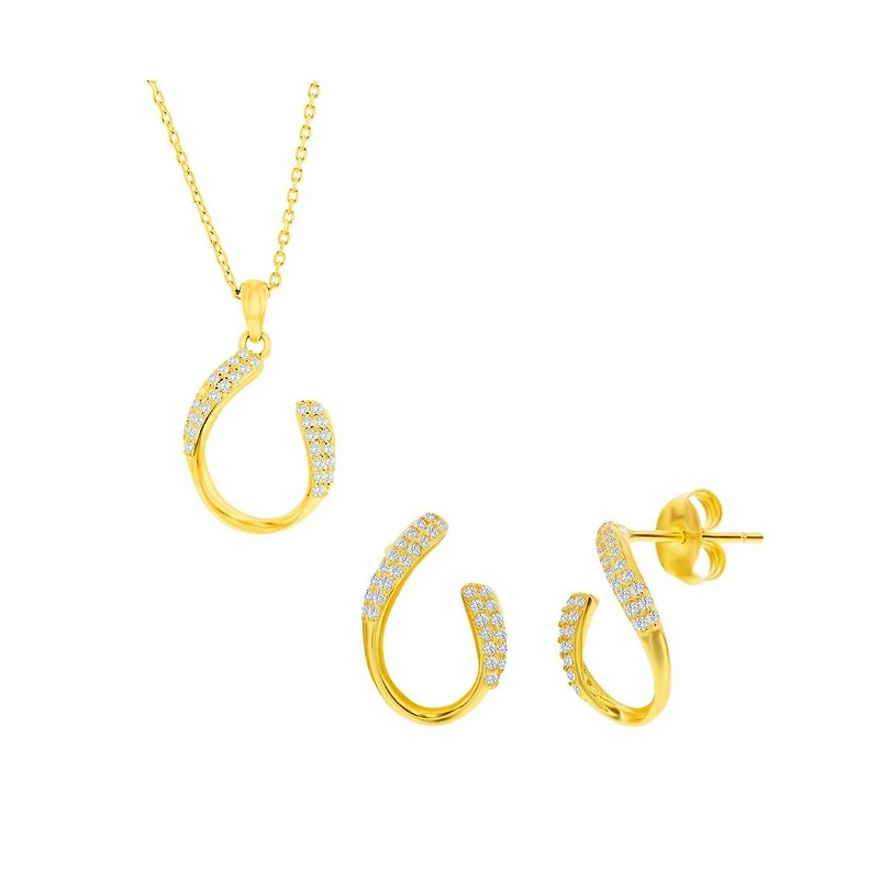 Simona Sterling Silver, Curved Oval-Shaped Cz Necklace & Earrings Set