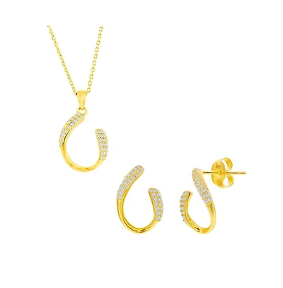 Simona Sterling Silver, Curved Oval-Shaped Cz Necklace & Earrings Set