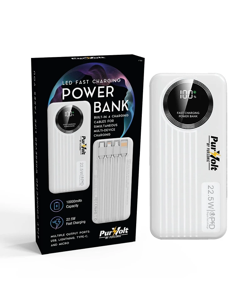 Pursonic 10,000mAh Led Fast Charging Power Bank – Built-in Cables, 22.5W Output, Type-c/Usb/Lightning Compatibility
