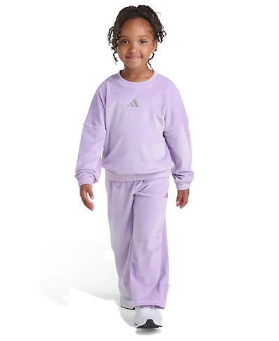 Adidas Toddler and Little Girls Two Piece Crewneck Velour Sweatshirt Wide Leg Pants Set