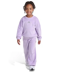 Adidas Toddler and Little Girls Two Piece Crewneck Velour Sweatshirt Wide Leg Pants Set