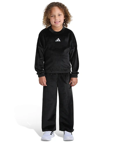 Adidas Toddler and Little Girls Two Piece Crewneck Velour Sweatshirt Wide Leg Pants Set