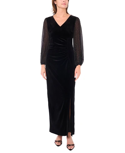 Msk Women's Velvet V-Neck and Balloon Sleeve Maxi Dress