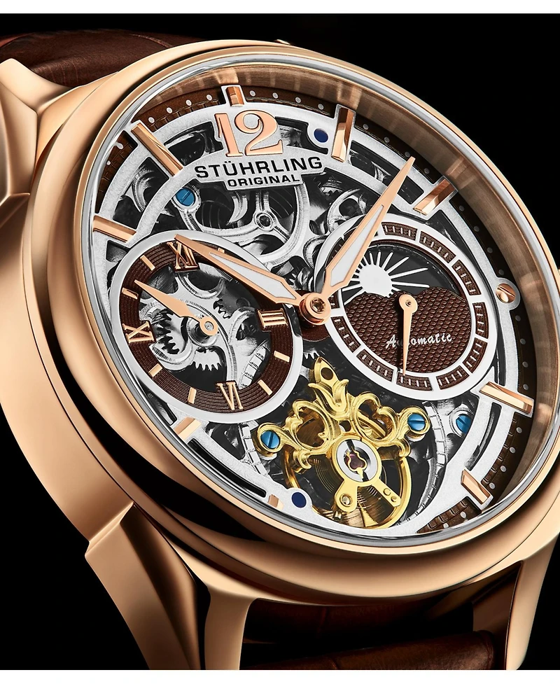 Stuhrling Vanguard 1019.03 Legacy Collection Dual Time Automatic Skeleton Watch 42mm Rose Gold Tone Brown Dial Leather Strap