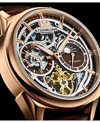 Stuhrling Vanguard 1019.03 Legacy Collection Dual Time Automatic Skeleton Watch 42mm Rose Gold Tone Brown Dial Leather Strap