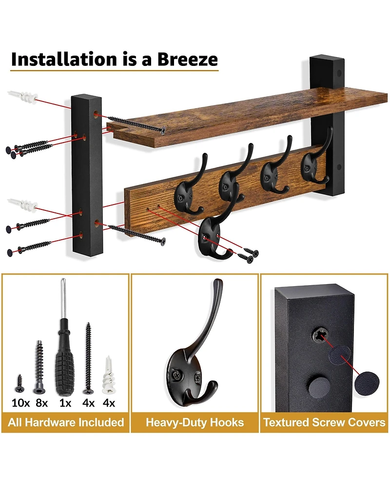 Sorbus Inch Floating Wall Shelf with 5 Heavy Duty Hooks – for Entryway, Bathroom, Bedroom, Kitchen