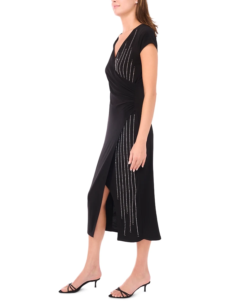 Msk Women's Short Sleeve Surplice and Beaded Front Midi Dress