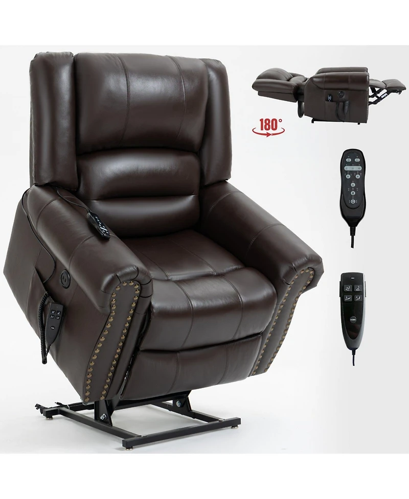 Clihome Power Lift Recliner Chair Heat Massage Dual Motor Infinite Position Up to 350 Lbs Genuine Leather Heavy Duty Motion Mechanism with Usb Ports B