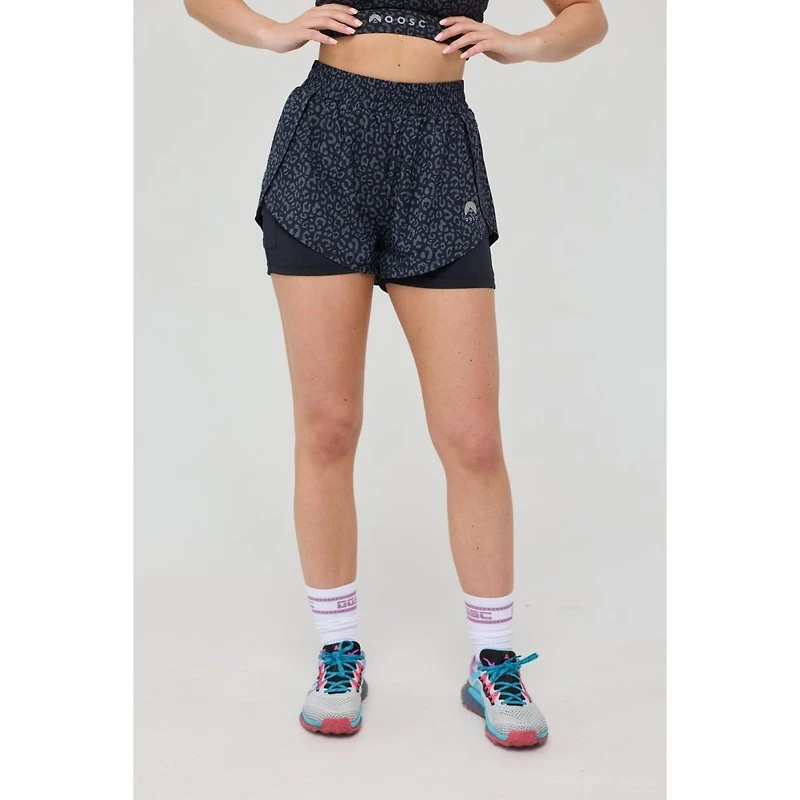 Oosc Women's Elite 2 1 Running Shorts - Black Leopard