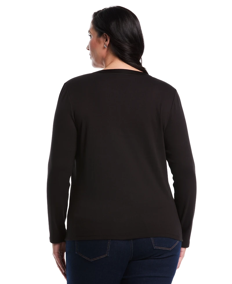 Rafaella Plus Woven Trim Split V-Neck Long Sleeve Top