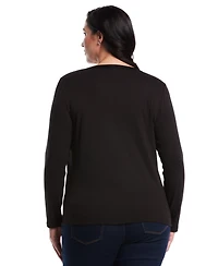 Rafaella Plus Woven Trim Split V-Neck Long Sleeve Top