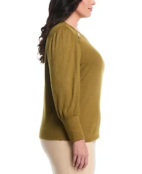 Rafaella Plus Metallic Puff Long Sleeve Crew Neck Top