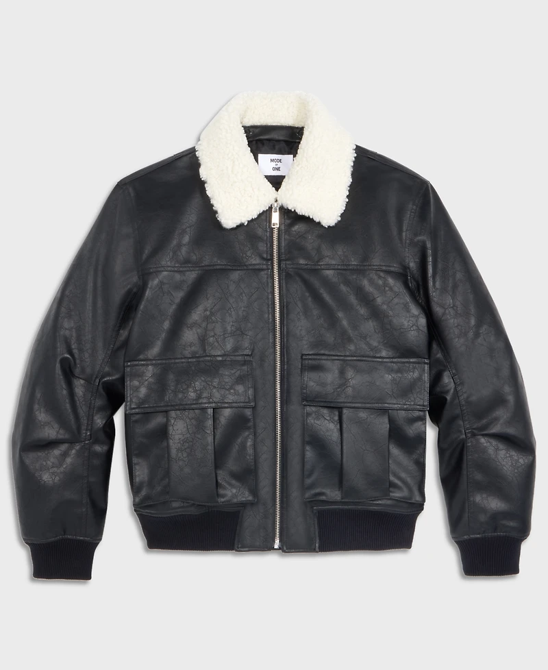 Mode of One Men's Relaxed-Fit Faux-Sherpa-Collar Faux-Leather Bomber Jacket, Macy's Exclusive