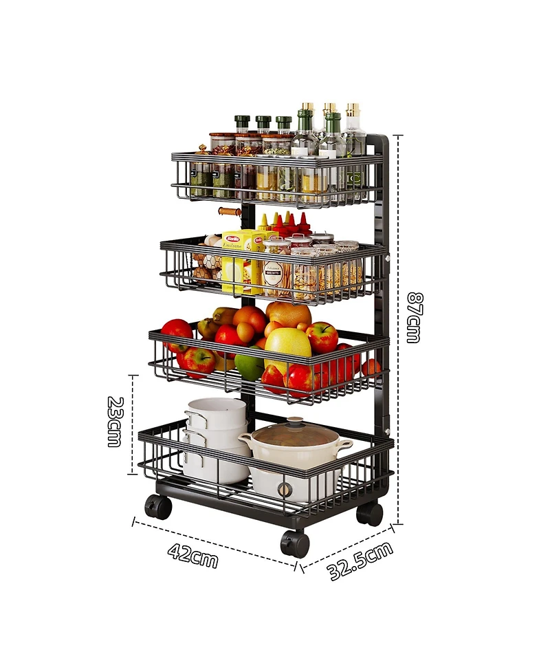 Mega casa 4-Tier Kitchen Snack Cart with Wheels – Versatile Rolling Storage Cart for Kitchen, Pantry, Utility Rooms, Adjustable Metal Wire Fruit & Veg