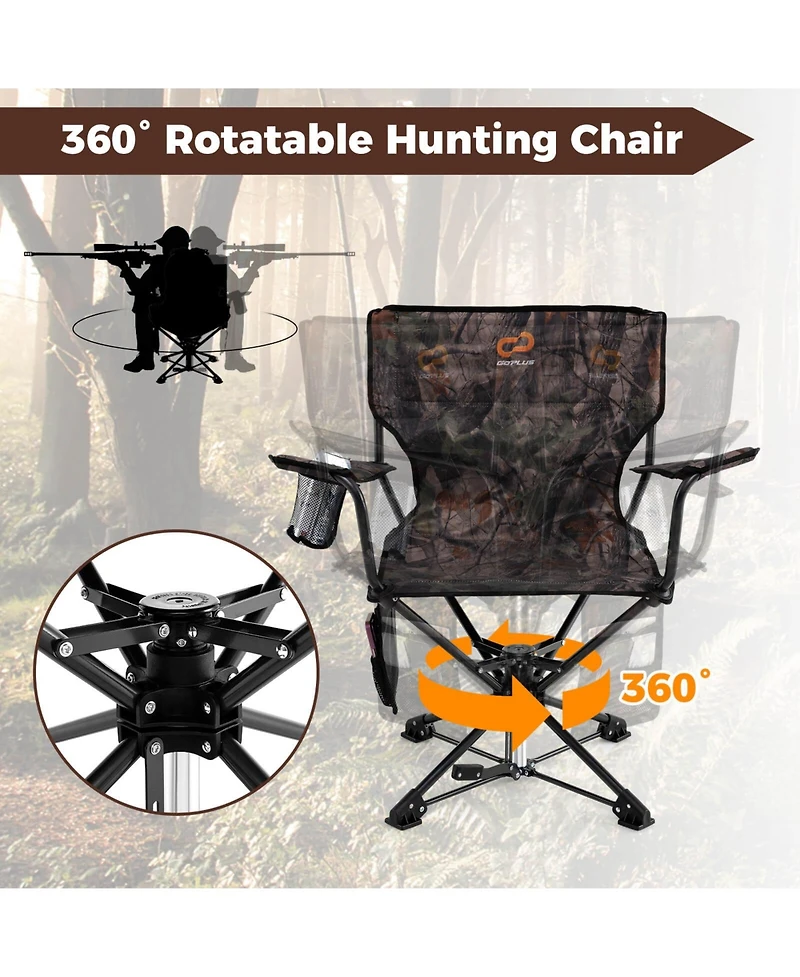 Costway 360° Swivel Hunting Chair with Mesh Cup Holder & Storage Pockets Cozy Backrest