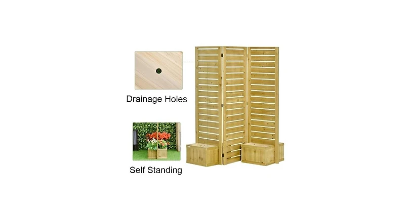 3-Panel Fir Wood Outdoor Privacy Screen with 4 Garden Bed Planters for Patio