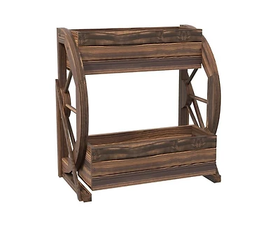 2-Planter Garden Wagon Wheel in Fir Wood, Farmhouse Style Outdoor Decor