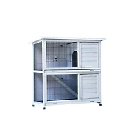 Aostirmotor 41" Outdoor Wooden Rabbit Hutch with 2 Removable No-Leak Trays Non-Slip Ramp Waterproof Roof in Gray
