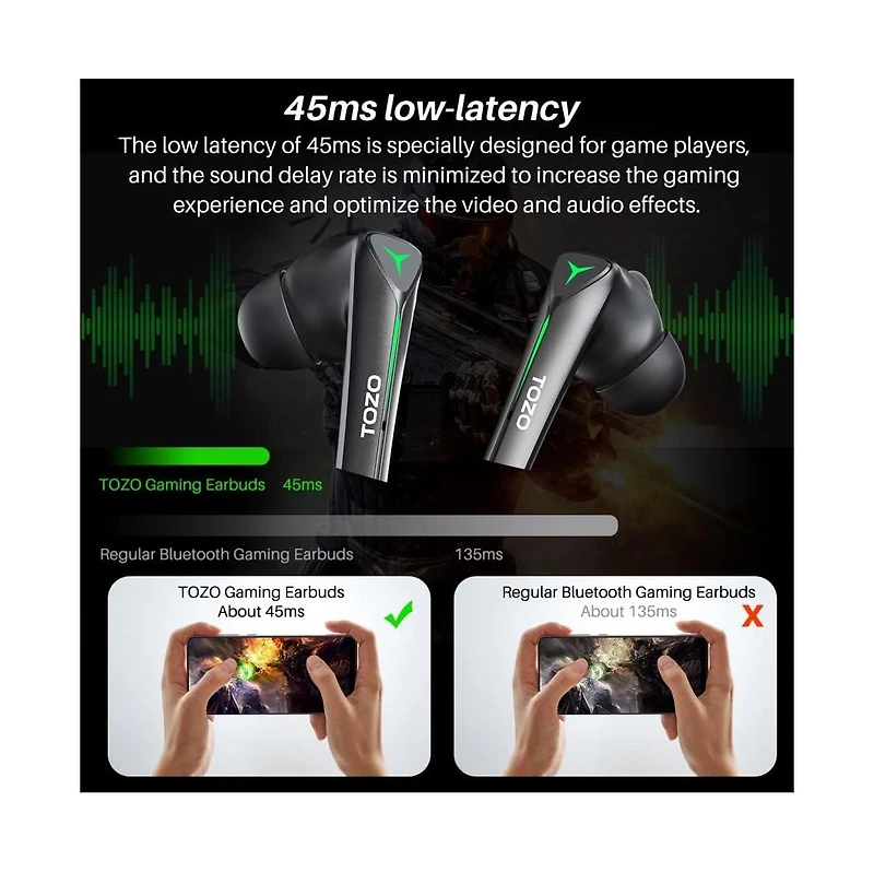 Tozo G1S Gaming Pods Bluetooth Wireless Low Latency Earbuds - Black