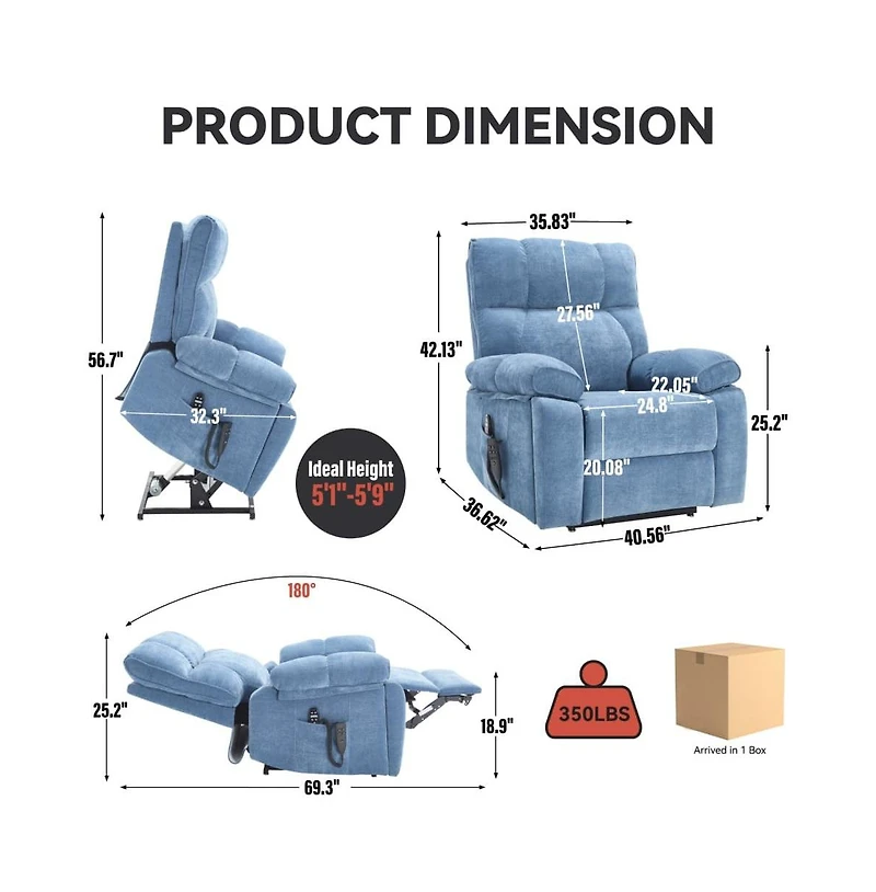 Maison Boucle Oversized Chenille Lift Recliner with Heat & Massage, Cup Holders, Dual Motor Electric Chair for Seniors-Maison