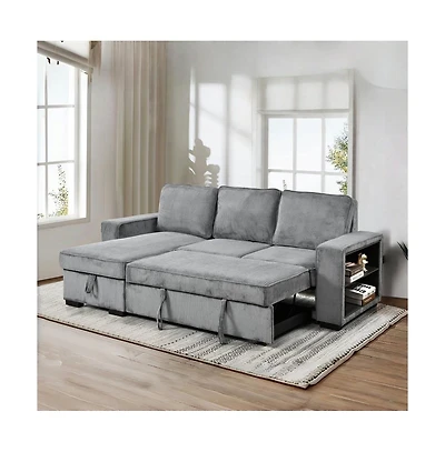 Modern Pull-Out Sofa Bed with Storage Chaise, Usb Charging & Bookshelf Arm, Sleeper Sectional Couch for Small Spaces-Maison Boucle
