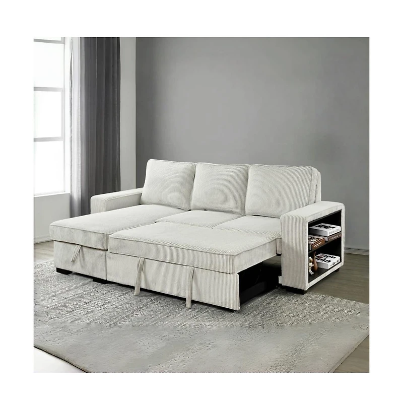 Modern Pull-Out Sofa Bed with Storage Chaise, Usb Charging & Bookshelf Arm, Sleeper Sectional Couch for Small Spaces-Maison Boucle